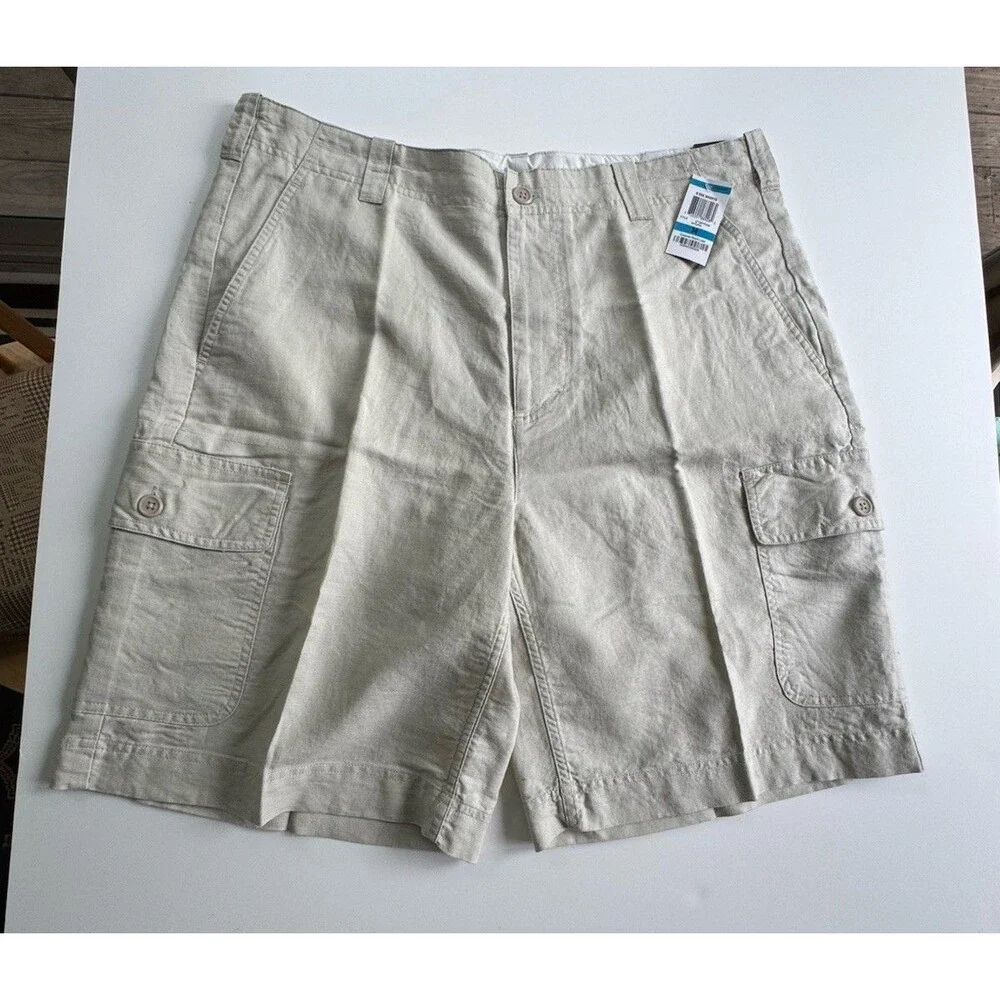 Club Room Men's Cargo Shorts 36 Khaki Linen Cotton Blend Preppy Classic New